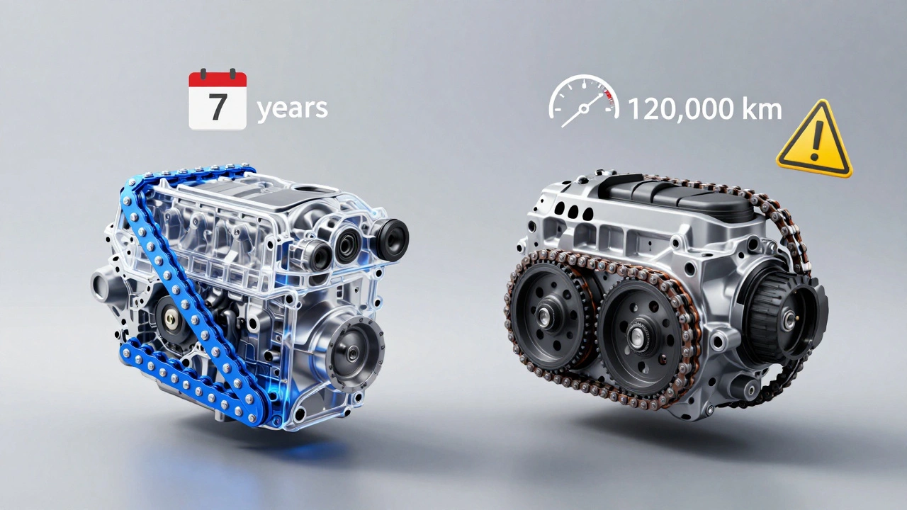 Průhledný motor Mazda CX-5 s porovnáním klínového řemene a kovového řetězu.