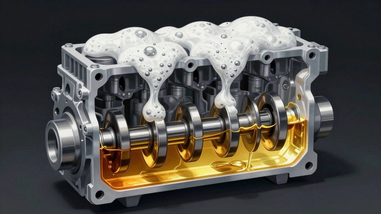 Průřez motorem Opelu s pěnou oleje nad hladinou, která narušuje mazání.