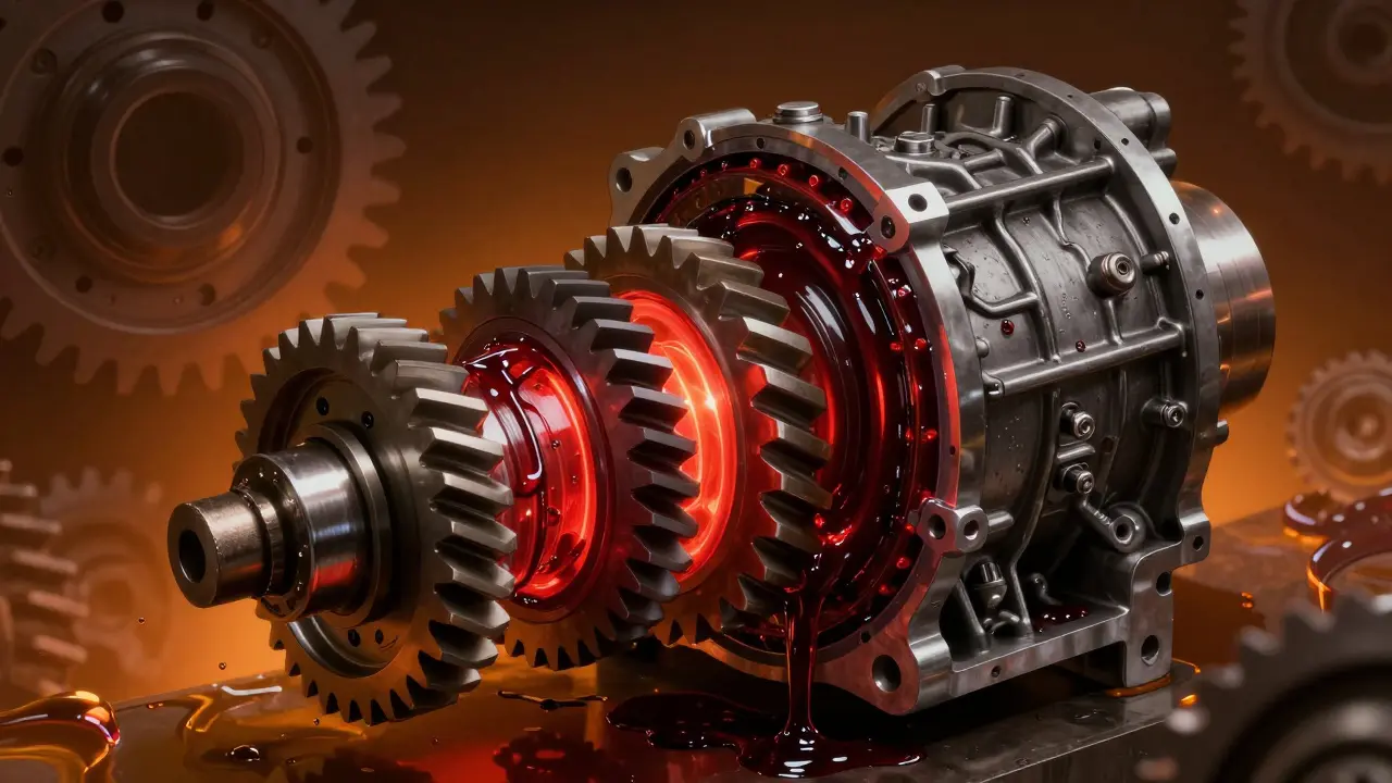 Průřez převodovky Opelu bez oleje, kovové ozubené kola se třou a přehřívají.