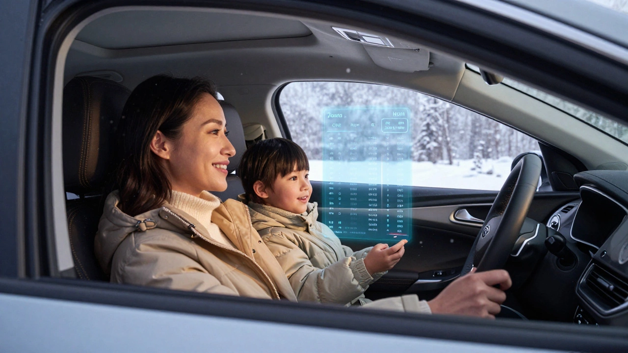 Rodina v autě Ford v zimě, kdy topení zapíná dálkově z mobilu.