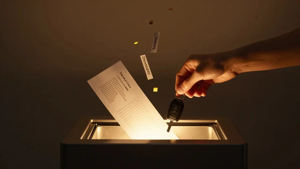 Ruka vrhá klíč do šredderu, z něj vylétají dokumenty o záruce a servisu.
