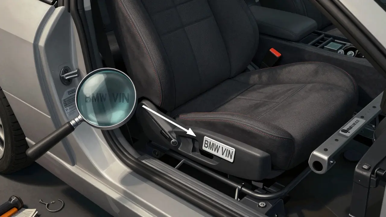 Různá místa umístění VINu na BMW: na rámu dveří, pod sedadlem a na karosérii s ukazateli.
