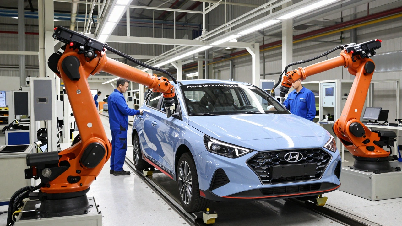 Sestavení Hyundai i20 N v továrně v Nošovicích, Česká republika, s robotickými rameny a štítkem &quot;Made in Czech Republic&quot;.