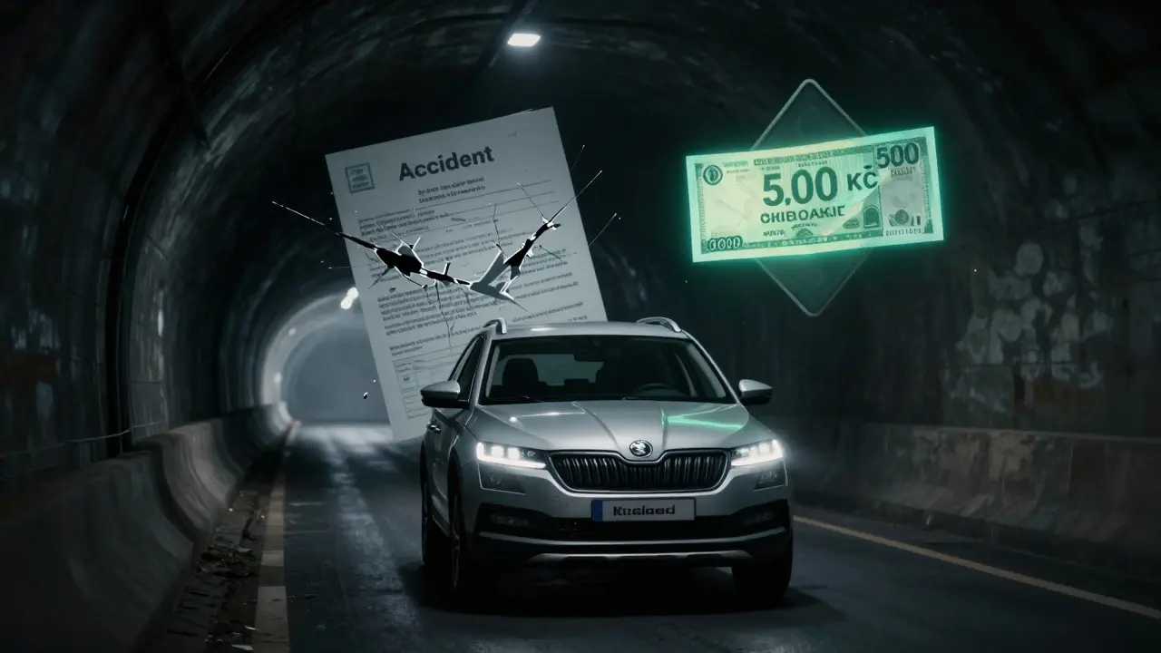 Škoda Kamiq jede do tunelu s nápisem 'Nehoda' a visí nad ní pokuta 5 000 Kč jako symbolická výstraha.