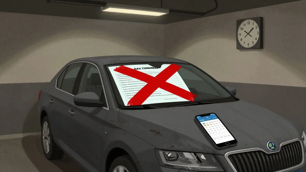 Škoda Superb v garáži s červeným křížem na papíru s technickou prohlídkou a uplynulým termínem.