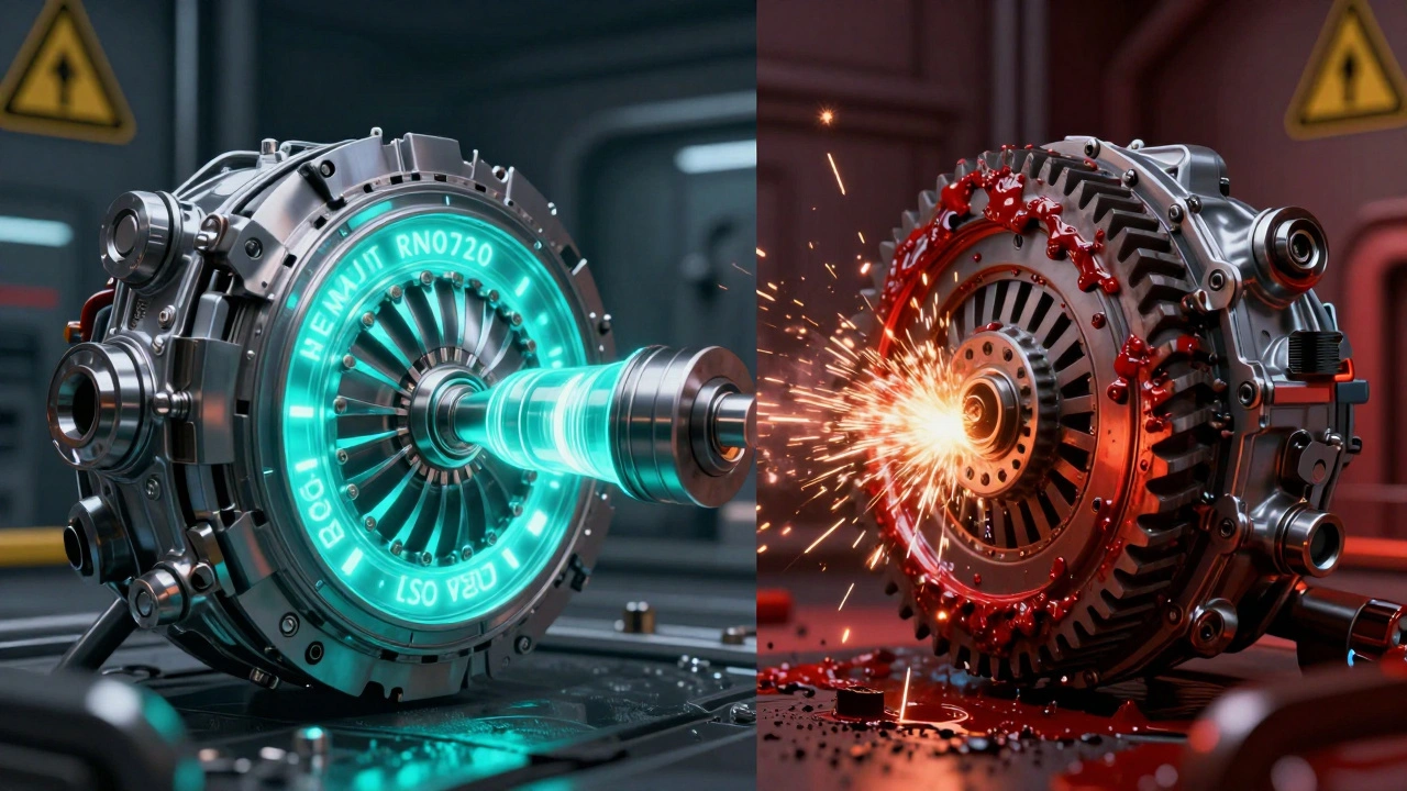 Split view of correct vs wrong transmission fluid in Renault EDC system