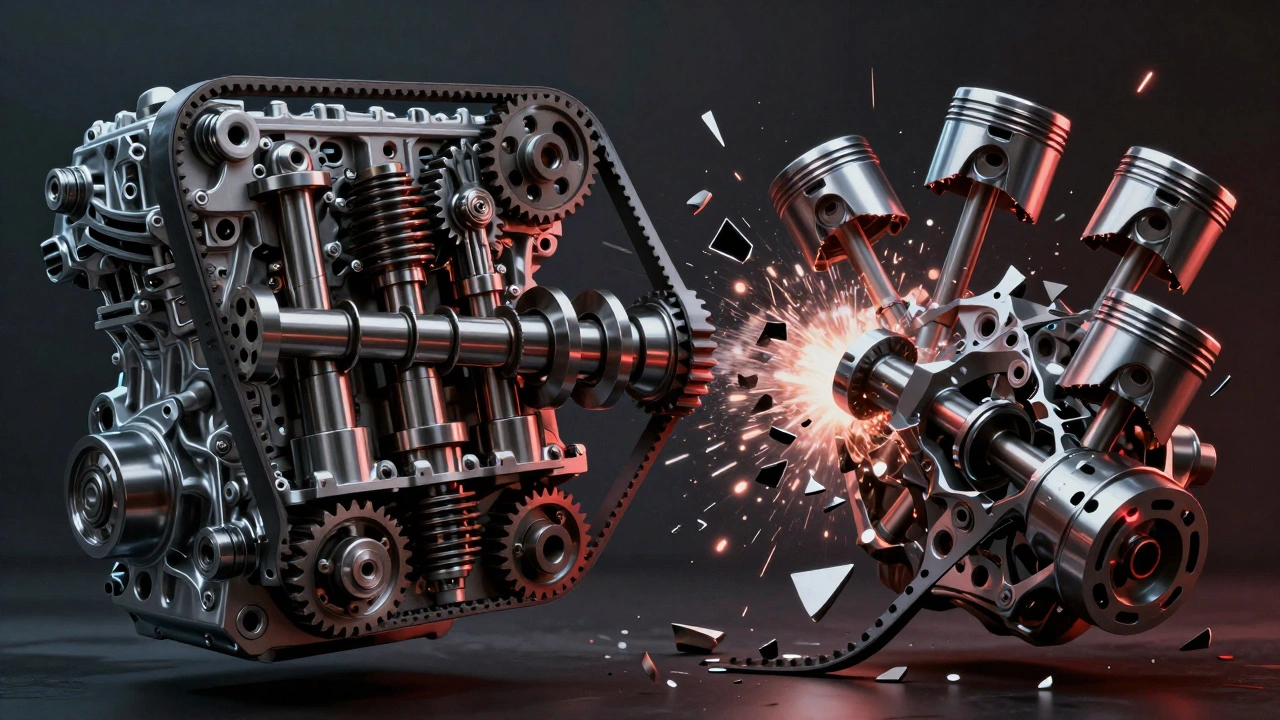 Srovnání správného a poškozeného rozvodu: integrované ventily a písty v kolizi.