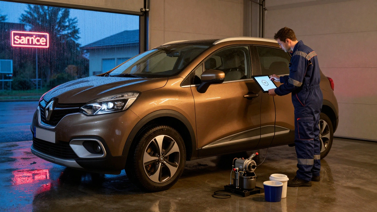 Technician using diagnostic tool to check Renault Captur transmission fluid