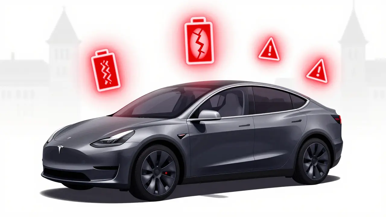 Tesla s červenými varovnými ikonami nad ní: chybná baterie, zablokované dveře.