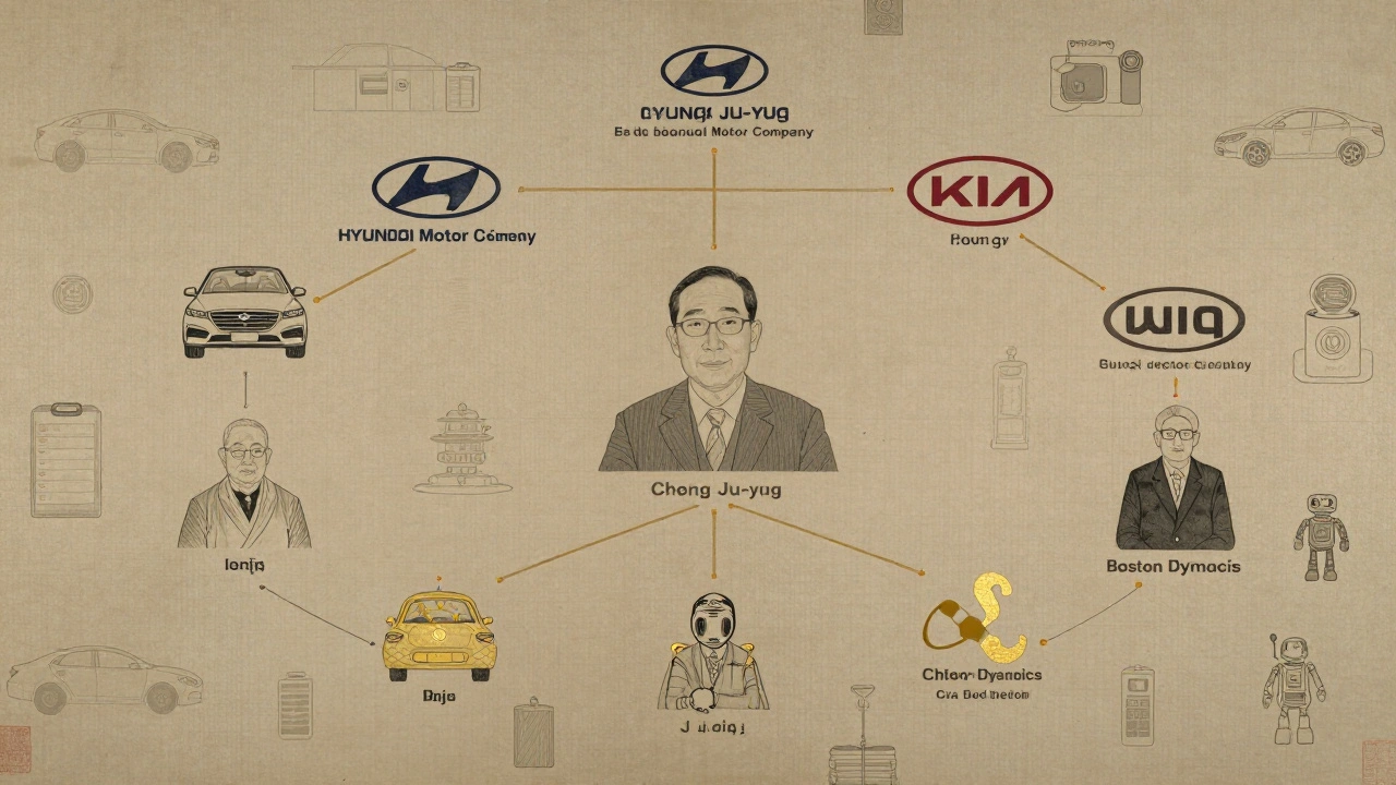 Traditional Korean-style family tree showing Chung family lineage connected to Hyundai, Kia, Genesis, and robotics.