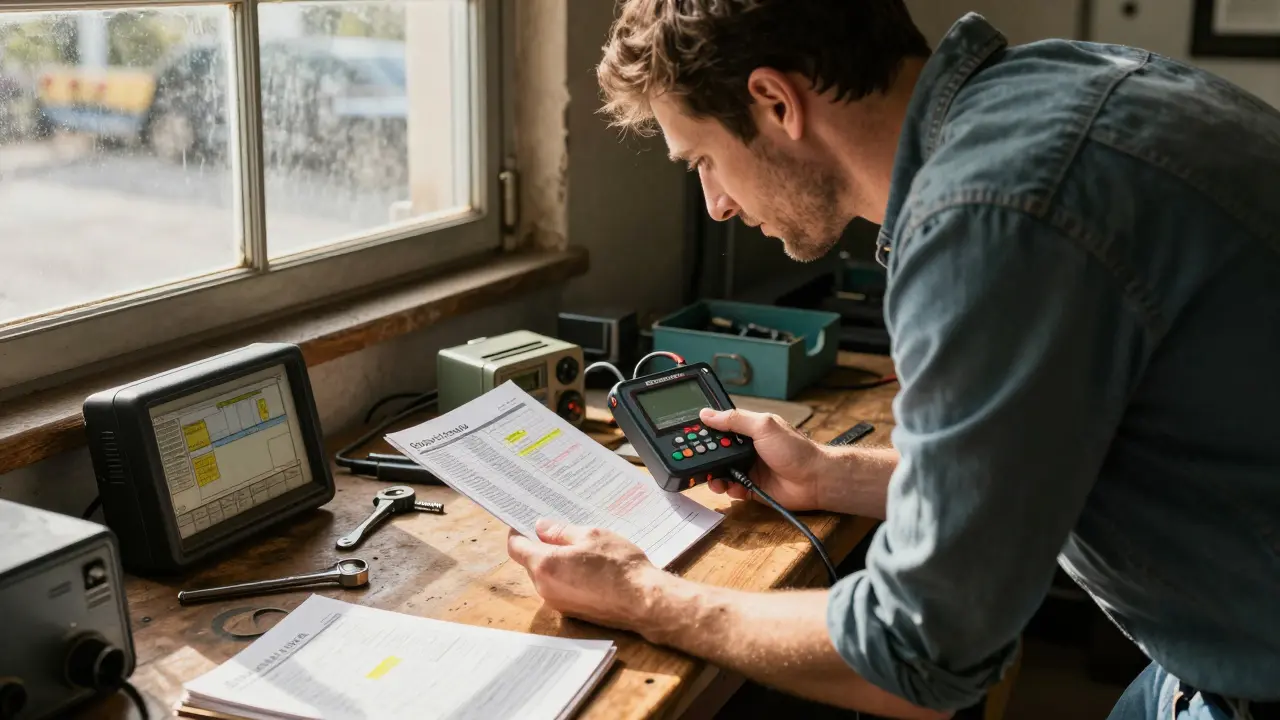 Vlastník analyzuje diagnostický výstup na staré Škodě Felicia v dílně s původním VCDS adaptérem.