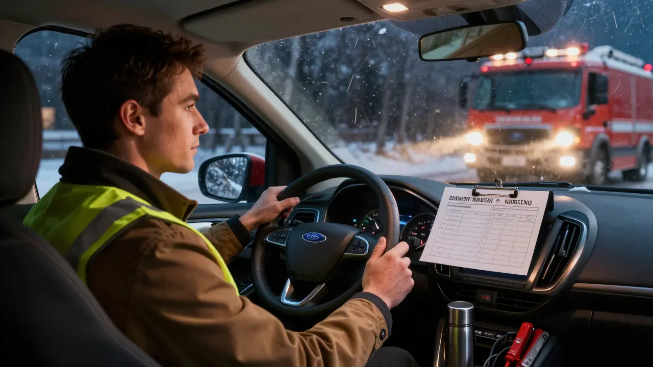 Vnitřek Fordu Kuga v noci, na dashboardu seznam pro případ nouze: čísla, kabely, termoska, reflexní vesta, venku se blíží záchranné světlo.