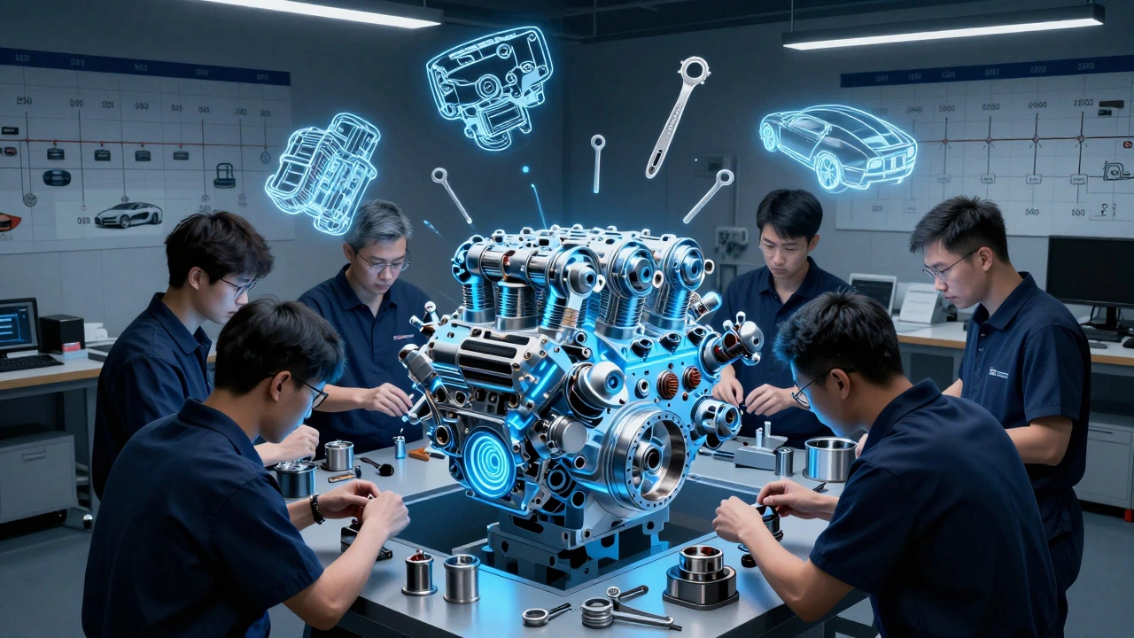 Výrobní dílna s 42 techniky, kteří sbírají 16-válcový motor Bugatti Chiron.