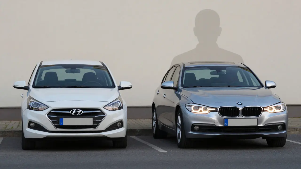 BMW 3 Series a Hyundai i20 vedle sebe — jedno auto vypadá jako nástroj, druhé jako výraz identity.
