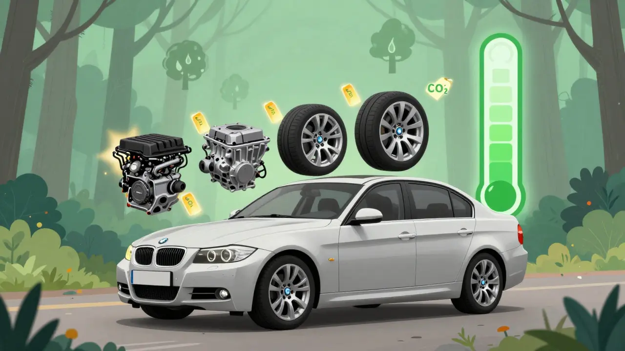 BMW E90 se přeměňuje na díly s ukazatelem ušetřeného CO2, symbolizující ekologický prodej na náhradní díly.