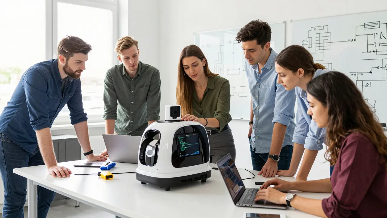Diverse team working on autonomous vehicle prototype in Škoda Auto lab.