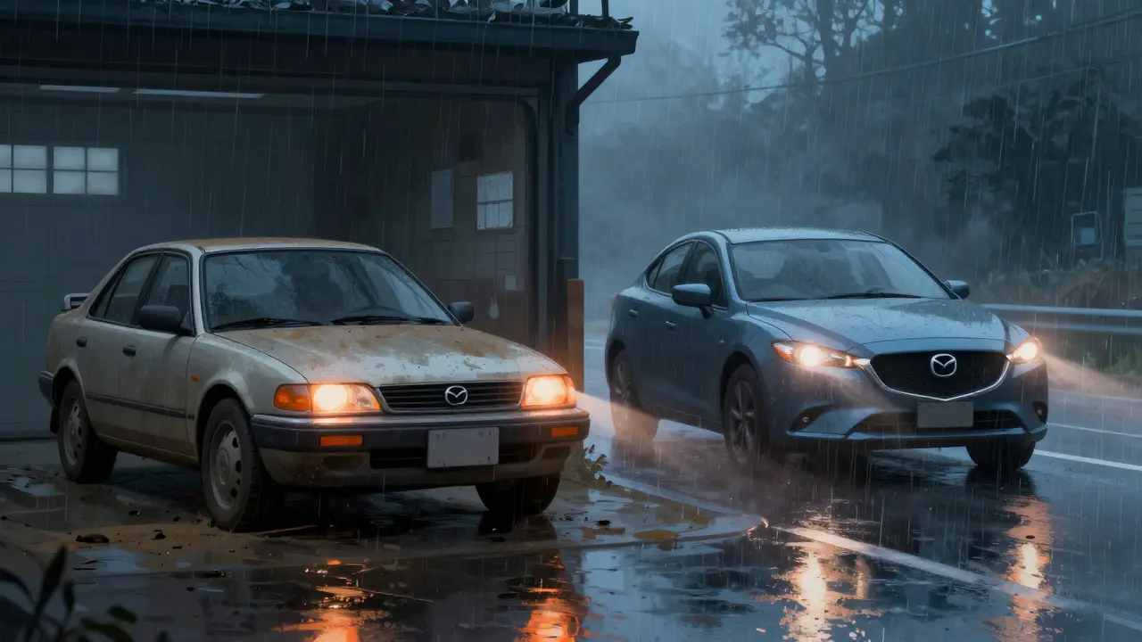Dva vozy: jedna Mazda bez používání v garáži, druhá s vysokým najetím na dálnici pod deštěm — symbolický kontrast spolehlivosti.