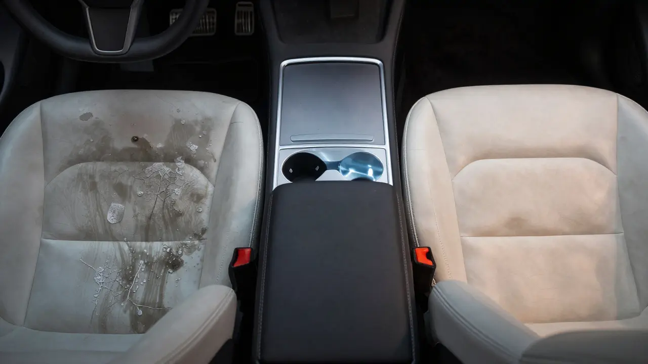 Dvě části sedadla: jedna poškozená, druhá čistá a chráněná.