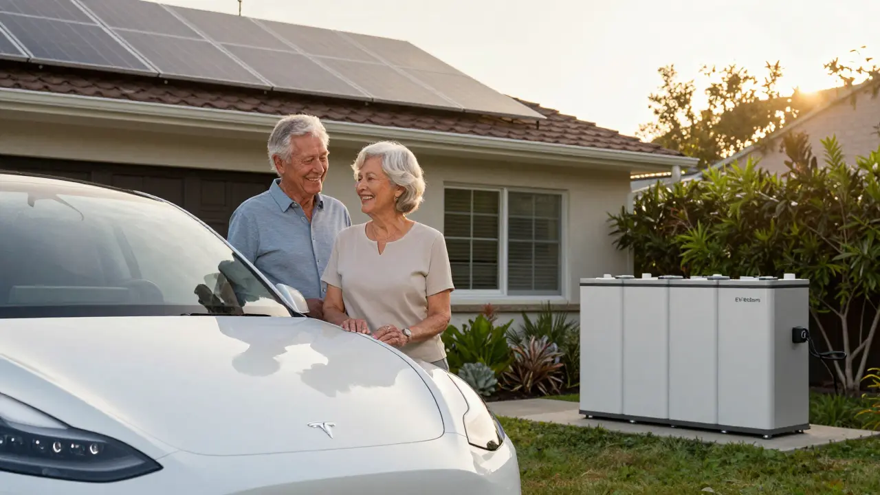 Dvojice s Tesla Model Y a recyklovanou baterií jako domácím úložištěm energie.