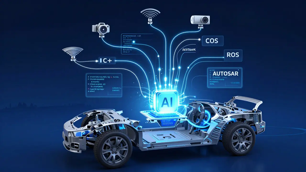 Glowing AI network integrated with car sensors and software code streams.