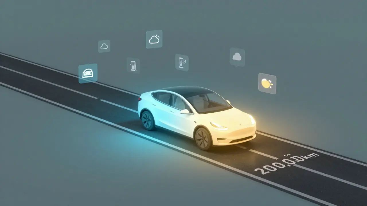 Grafická reprezentace postupného poklesu kapacity baterie Tesla po ujetých kilometrech.