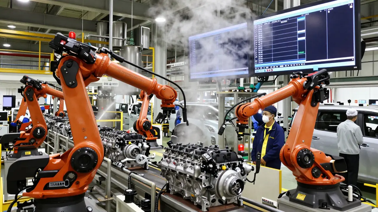 Hyundai factory in South Korea producing engines for Volvo vehicles with robotic arms.
