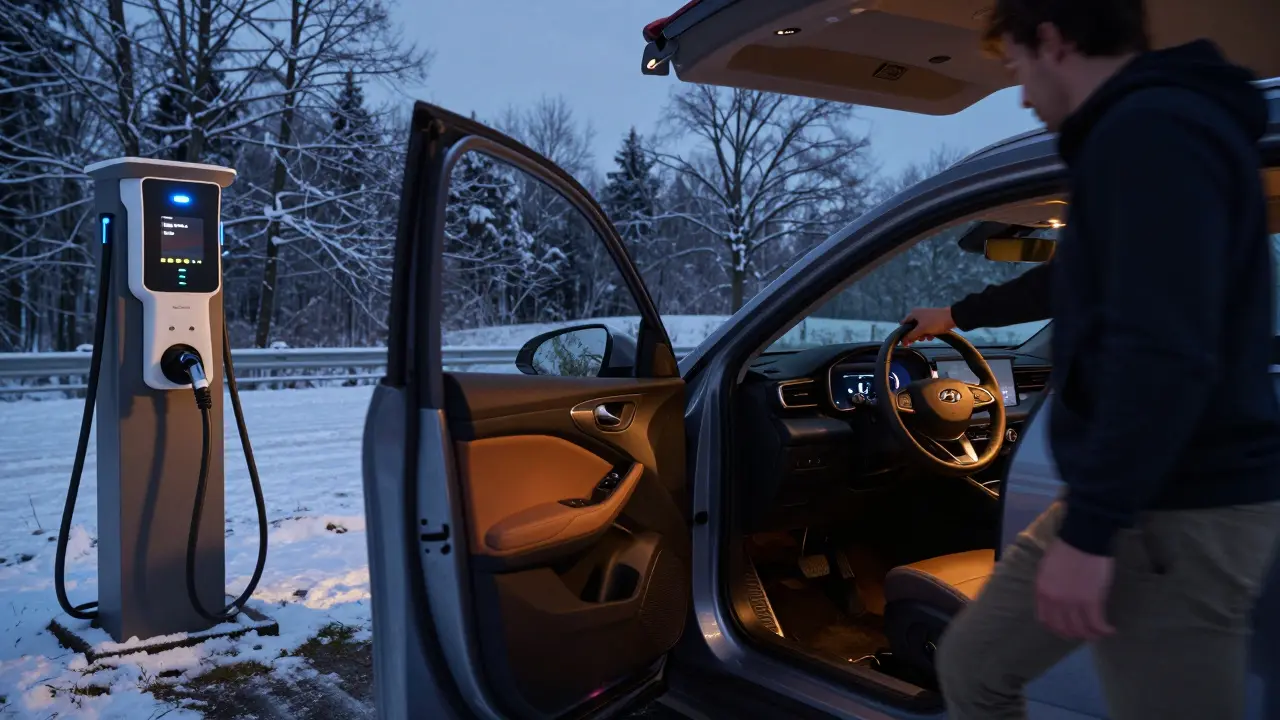 Hyundai Kona Electric nabíjená na venkovní stanici v zimním světle.