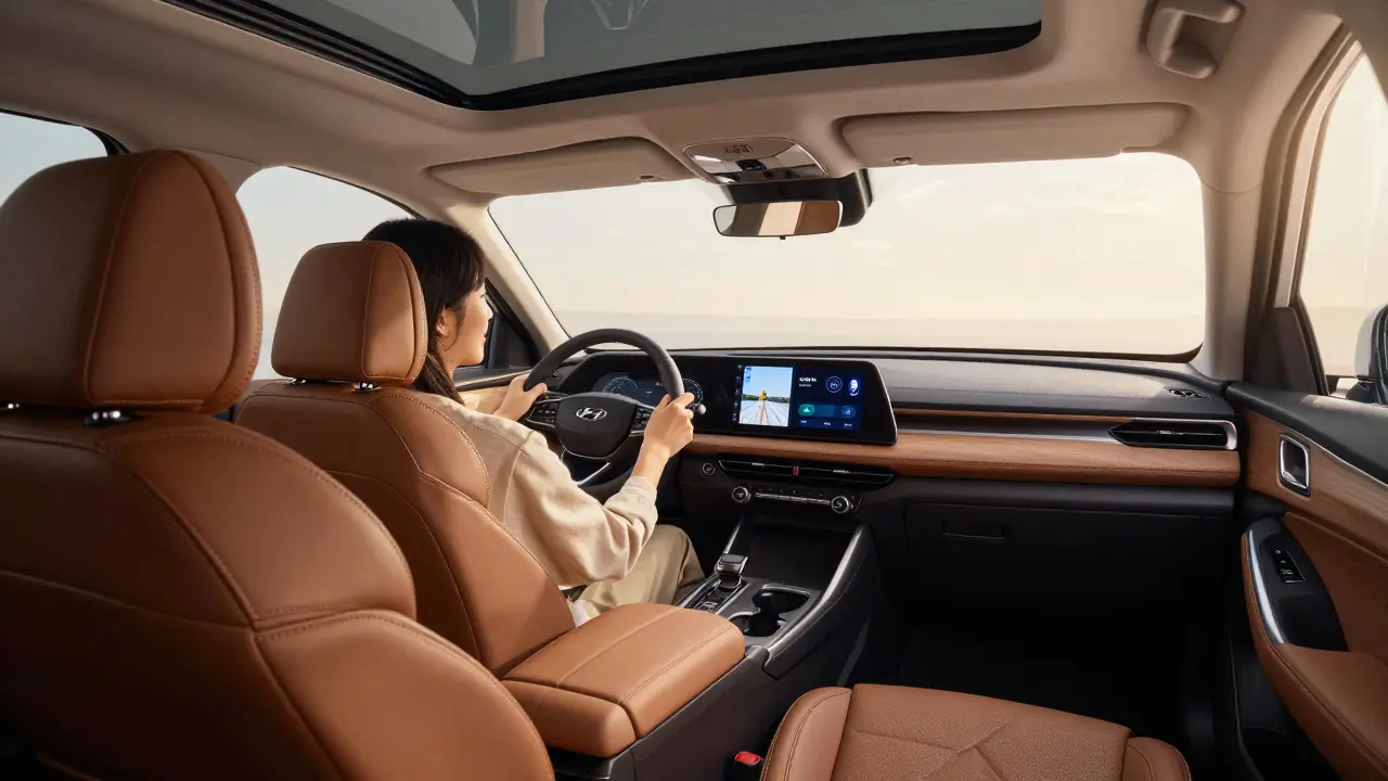 Interiér Hyundai Tucson PHEV s premium výbavou a světlem z okna.