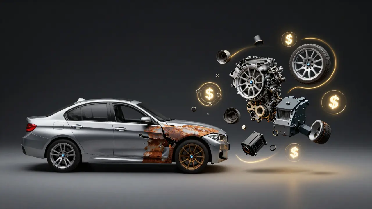 Konceptuální obrázek BMW, které se mění z poškozeného auta na cenné díly s zlatými zářemi.