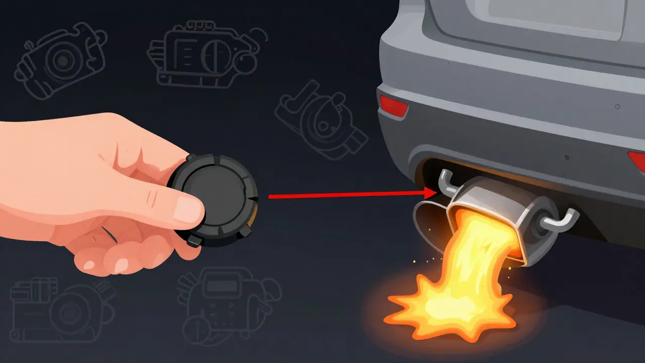 Kontrast mezi zavřeným víčkem nádrže a poškozeným katalyzátorem.