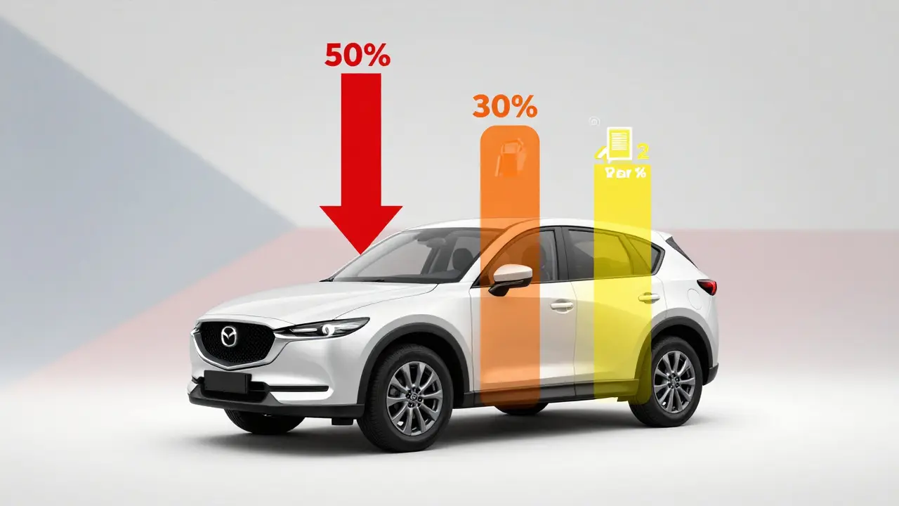 Mazda CX-5 s grafem ročních odpisů v barvách červená, oranžová a žlutá.