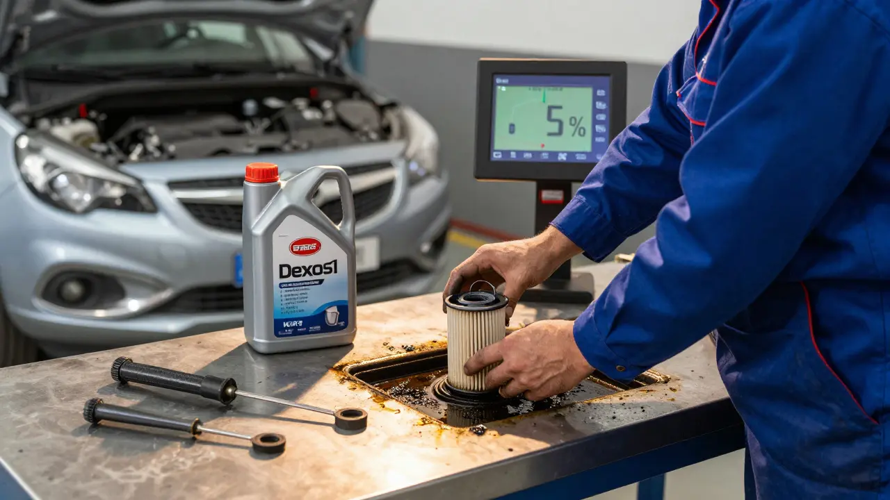 Mechanic replacing oil filter on Opel Corsa in garage with Dexos1 oil canister nearby.