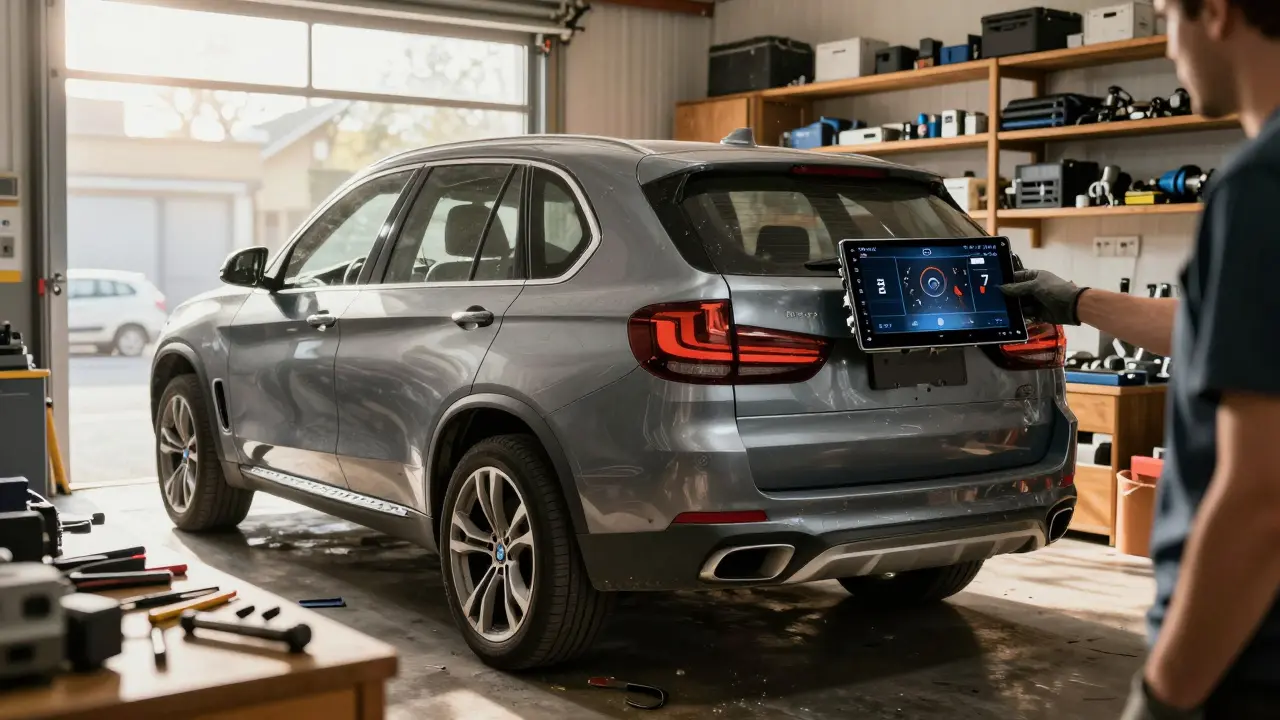 Muž drží iDrive 7 infotainment systém v garáži, kde jsou kolem něj odstraněná kola a sedadla z BMW X5.