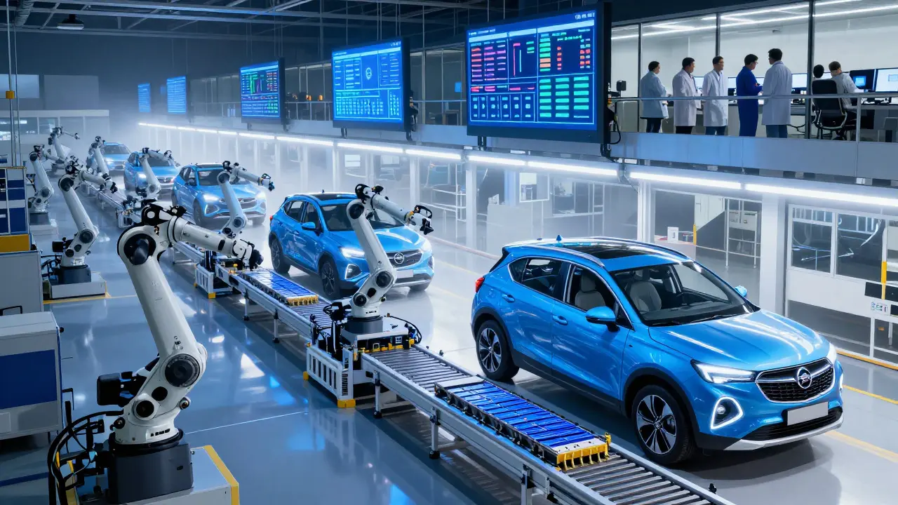 Opel Gliwice plant in Poland assembling electric Mokka vehicles with glowing battery modules and LED-lit production line.