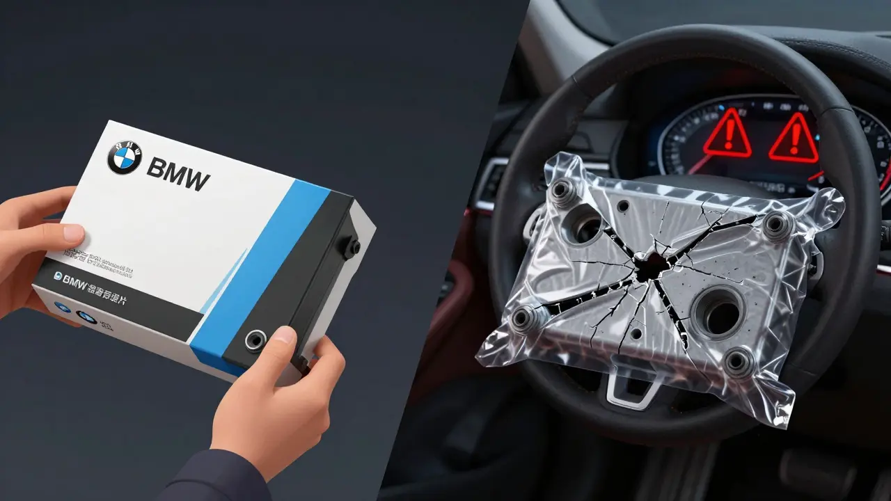 Porovnání originálního a falešného dílu BMW: spolehlivost versus riziko poruchy.