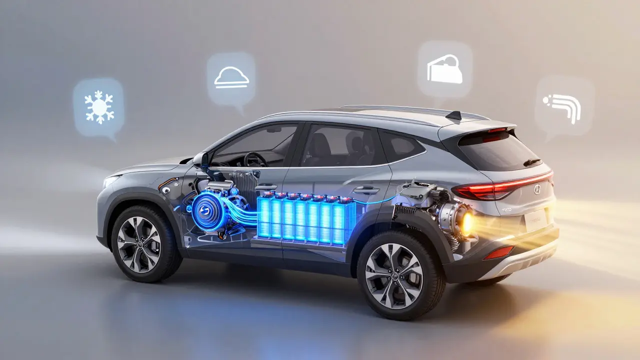 Průhledný Hyundai Tucson Hybrid s viditelným hybridním systémem a tokem energie.