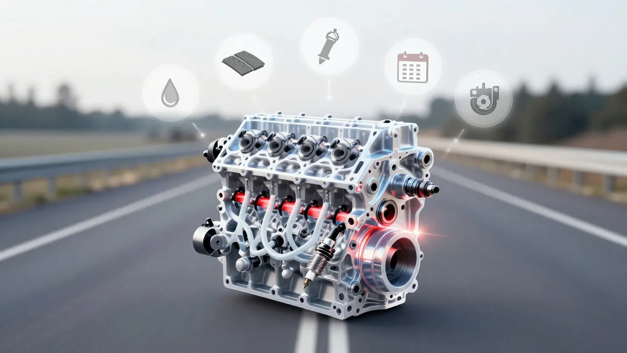 Průhledný motor Mazda s viditelnými vnitřními součástmi a ikonami údržby, jako kapky oleje a brzdy, na pozadí dálnice.