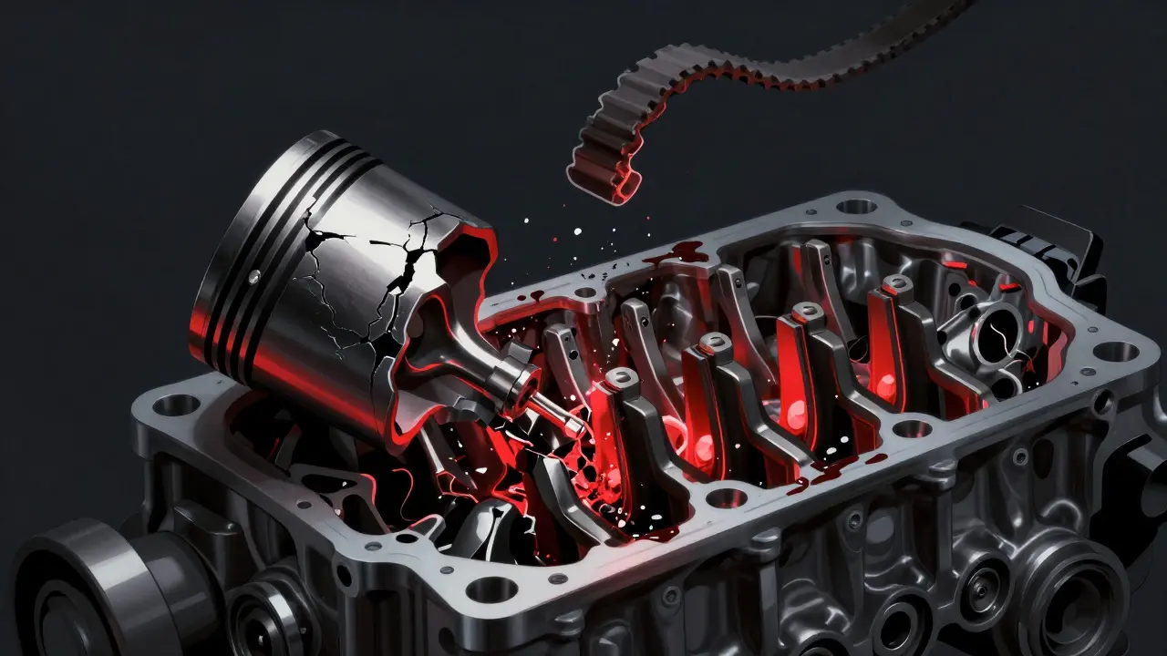Průřez motoru s poškozenými písty a ohnutými ventily po přetržení rozvodu.