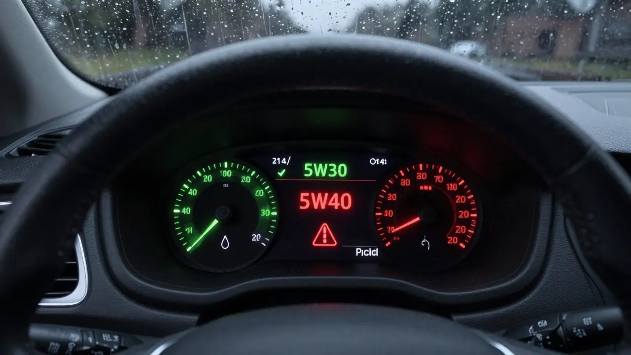 Renault dashboard with digital display comparing 5W30 and 5W40 oil effects.