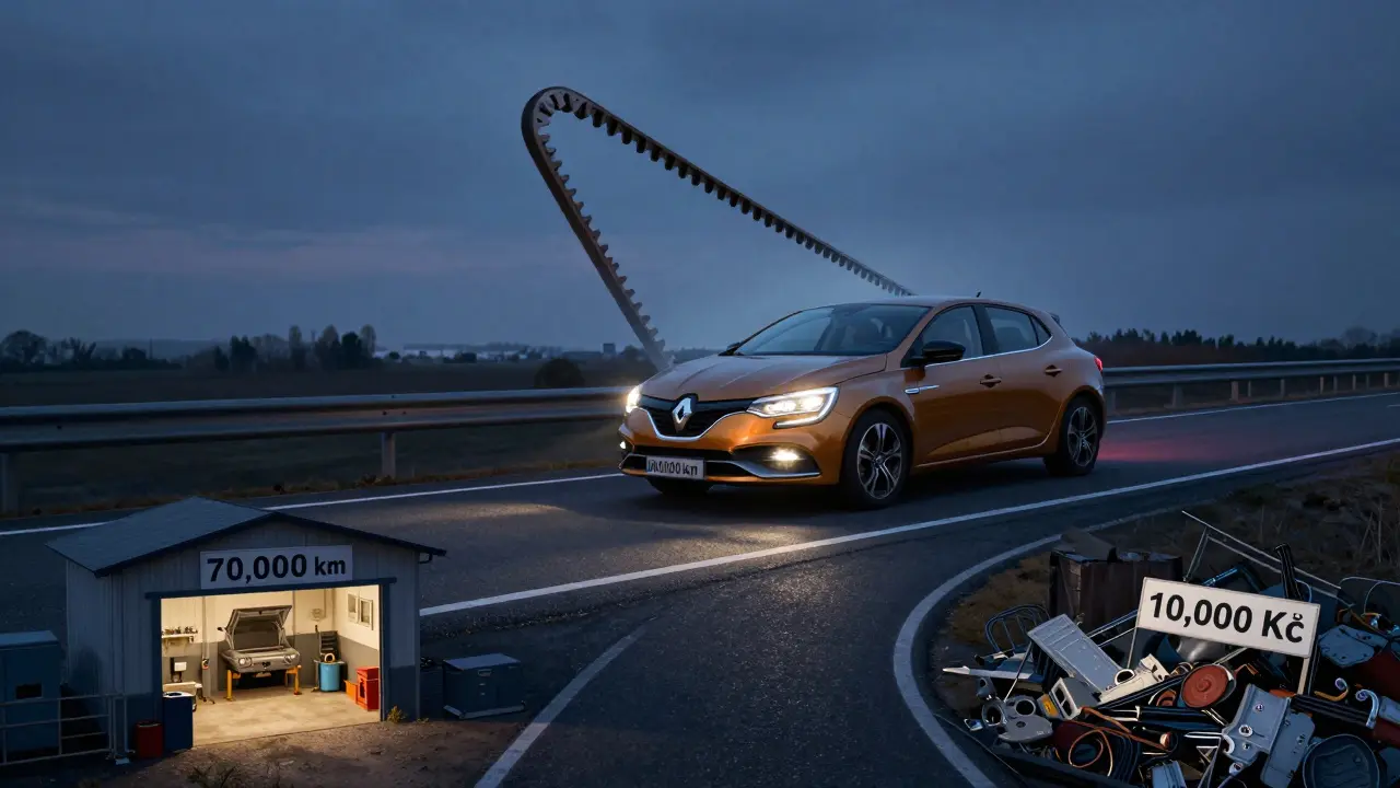 Renault Mégane na dálnici s přehledem rozvodu, který se přetrhne, vedoucí k dvěma cestám – servis nebo junkyard.