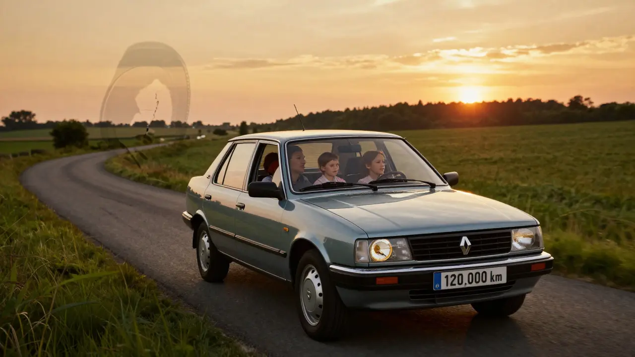 Rodina jede v Renault Koleos při západu slunce, s tichým varováním o rozvodu.