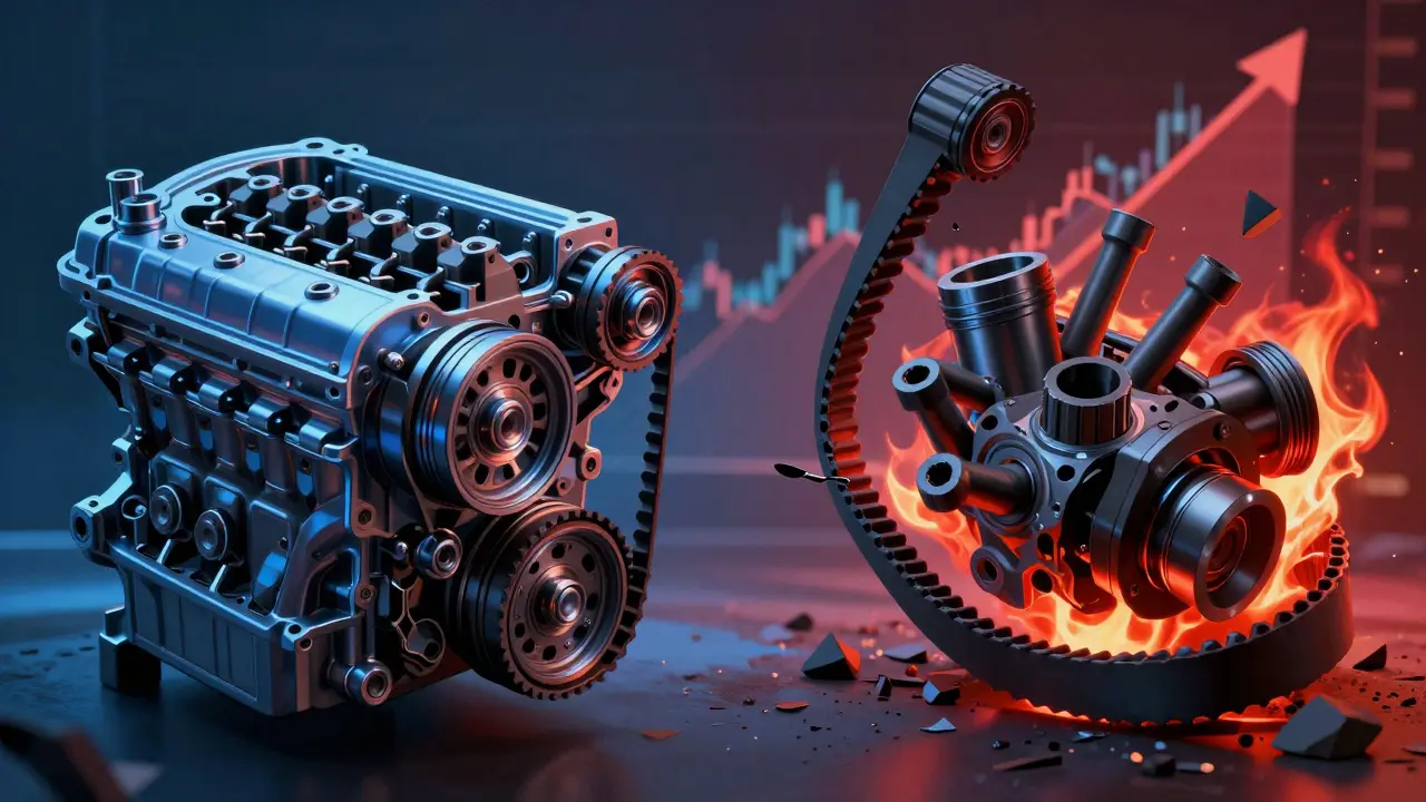 Rozdělený pohled na motor: funkční rozvod vlevo a zničený motor vpravo.