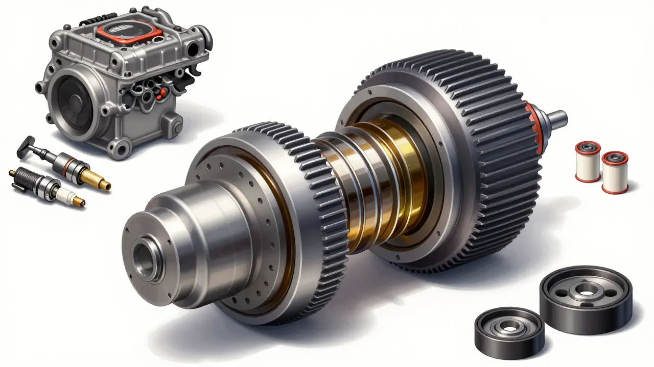 Rozložený elektromotor Tesla s jedním rotorem v oleji, vedle něj nevyužité součásti spalovacího motoru.