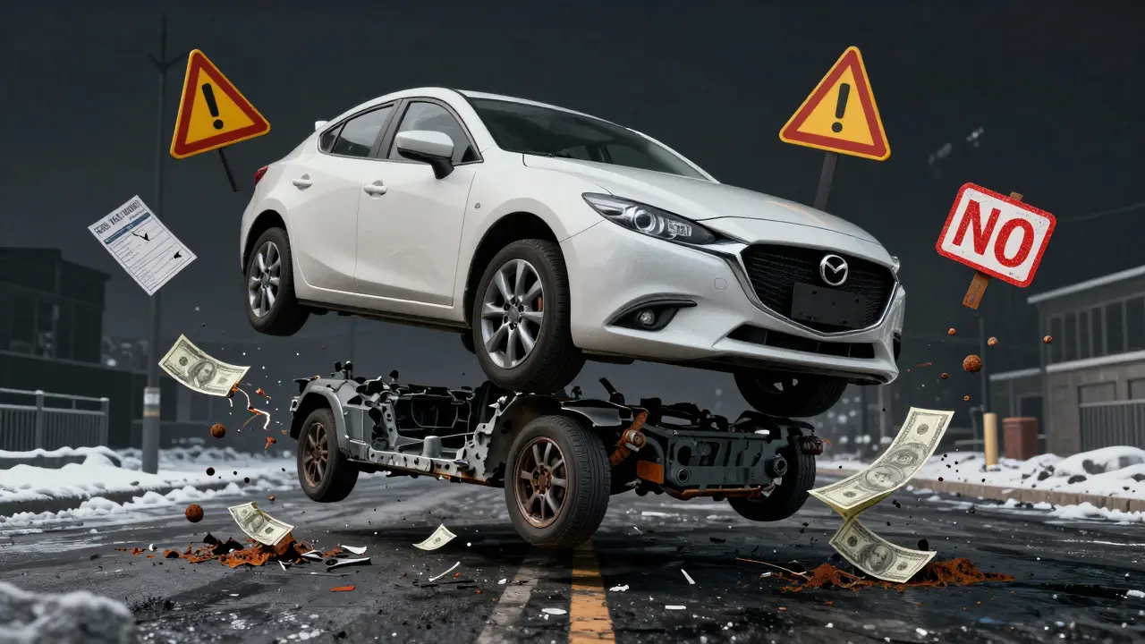 Rozpadající se podvozek Mazda 3 s symboly zanedbané údržby, zatímco karosérie vypadá nově.