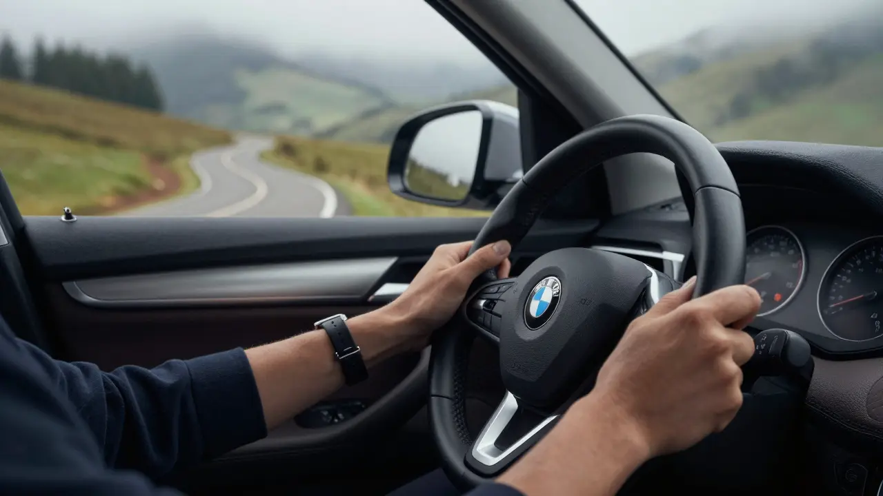 Ruce na volantu BMW X1 na křivce v českých horách, detaily kovu a kůže.