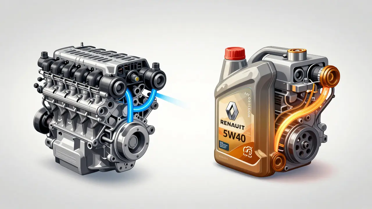 Side-by-side engine diagrams showing thin 5W30 and thick 5W40 oil flow.