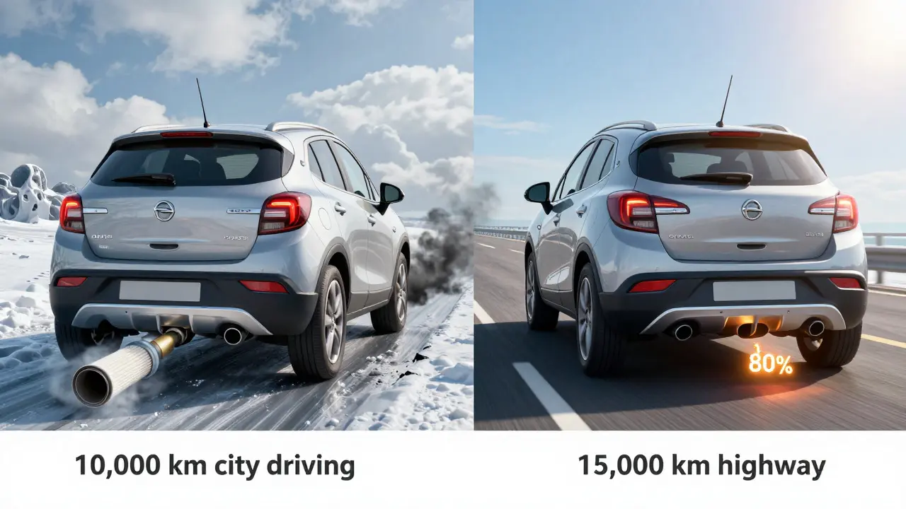 Split image comparing city vs highway driving impact on Opel diesel engine oil life.