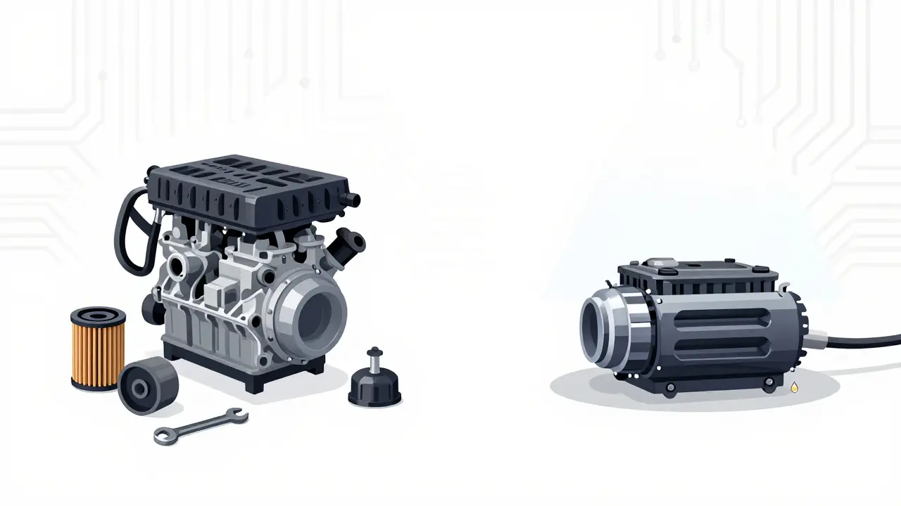 Split image: messy gasoline engine vs. clean Tesla electric motor with one oil drop.