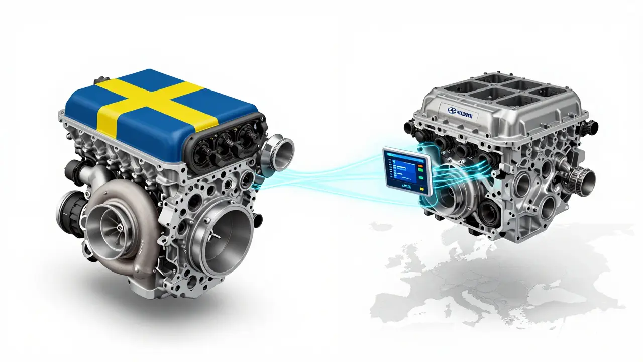 Split image showing Volvo and Hyundai engine components connected by data streams.
