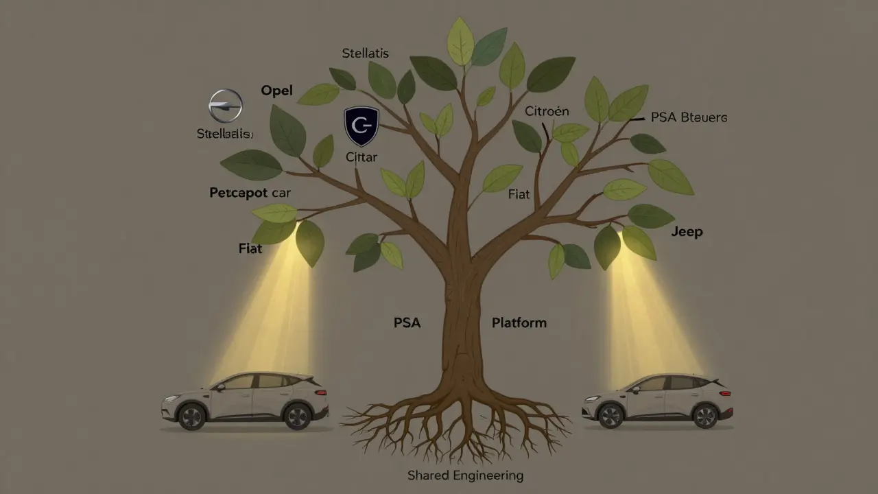 Strom s větvemi značek Stellantis, všechny rostoucí z jednoho kmene, symbolizující sdílené platformy.